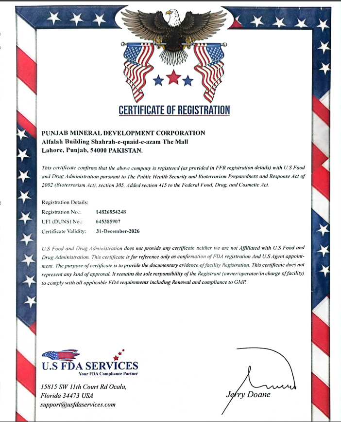 FDA registered facility certificate