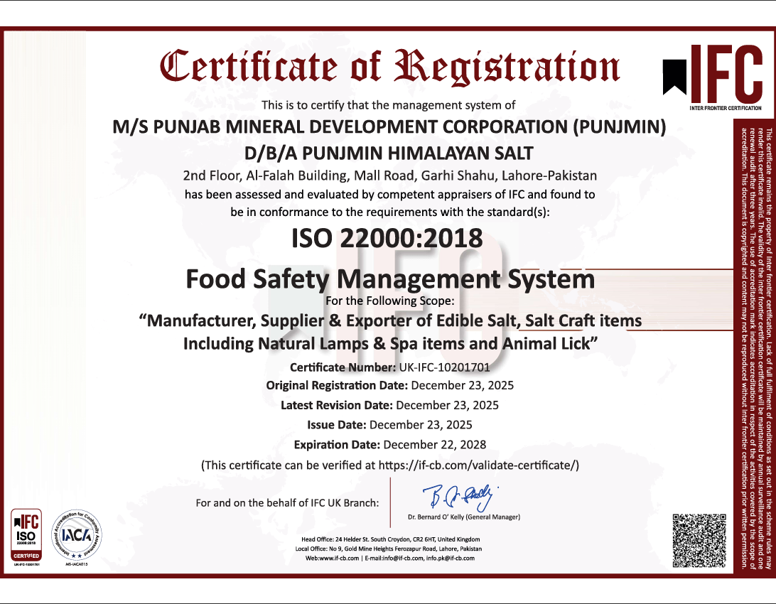 ISO 22000 food safety mgmt certificate
